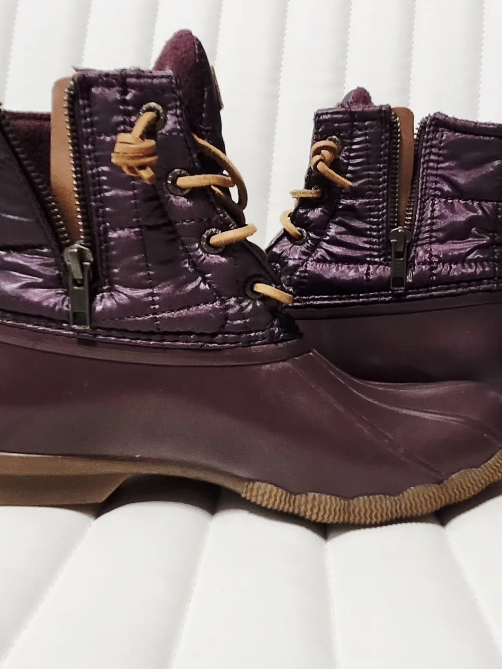 Sperry Purple Duck Boots with Tan Laces